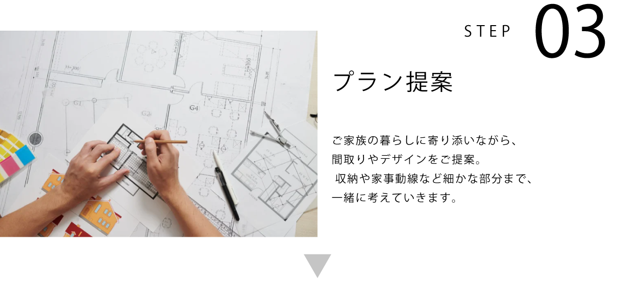 STEP03 プラン提案 ご家族の暮らしに寄り添いながら、間取りやデザインをご提案。 収納や家事動線など細かな部分まで、一緒に考えていきます。