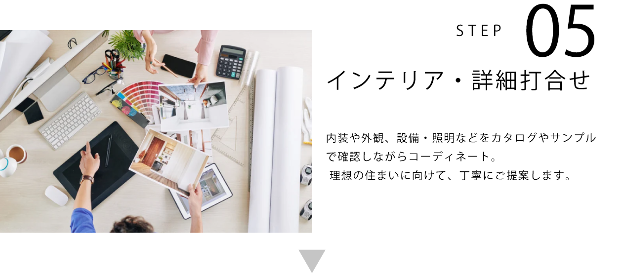 STEP05 インテリア・詳細打合せ 内装や外観、設備・照明などをカタログやサンプルで確認しながらコーディネート。 理想の住まいに向けて、丁寧にご提案します。
