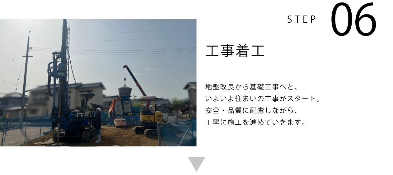 STEP06 工事着工 地盤改良から基礎工事へと、いよいよ住まいの工事がスタート。安全・品質に配慮しながら、丁寧に施工を進めていきます。
